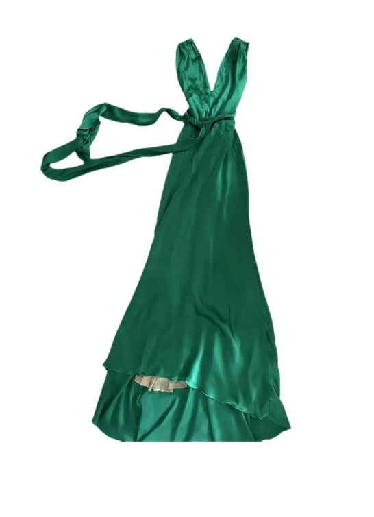 Green Pleated Plunge Midi Dress