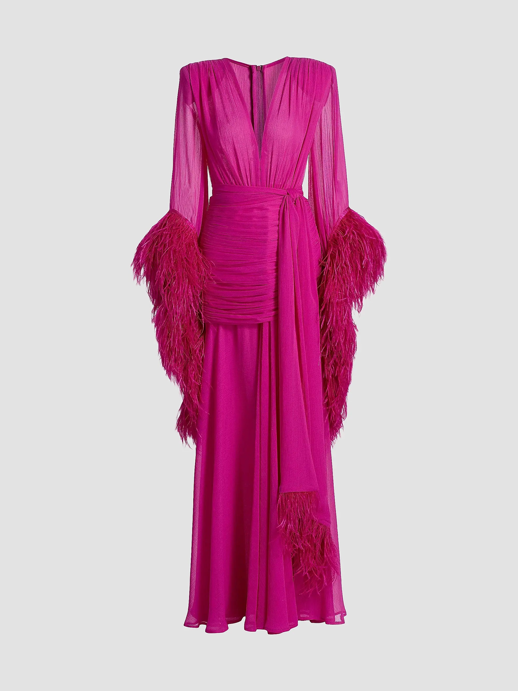 Pink Feather-Trim Chiffon Gown