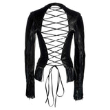 Black Fringe Open-Back Leather Jacket