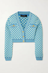Blue Cropped Checked Jacquard Cardigan