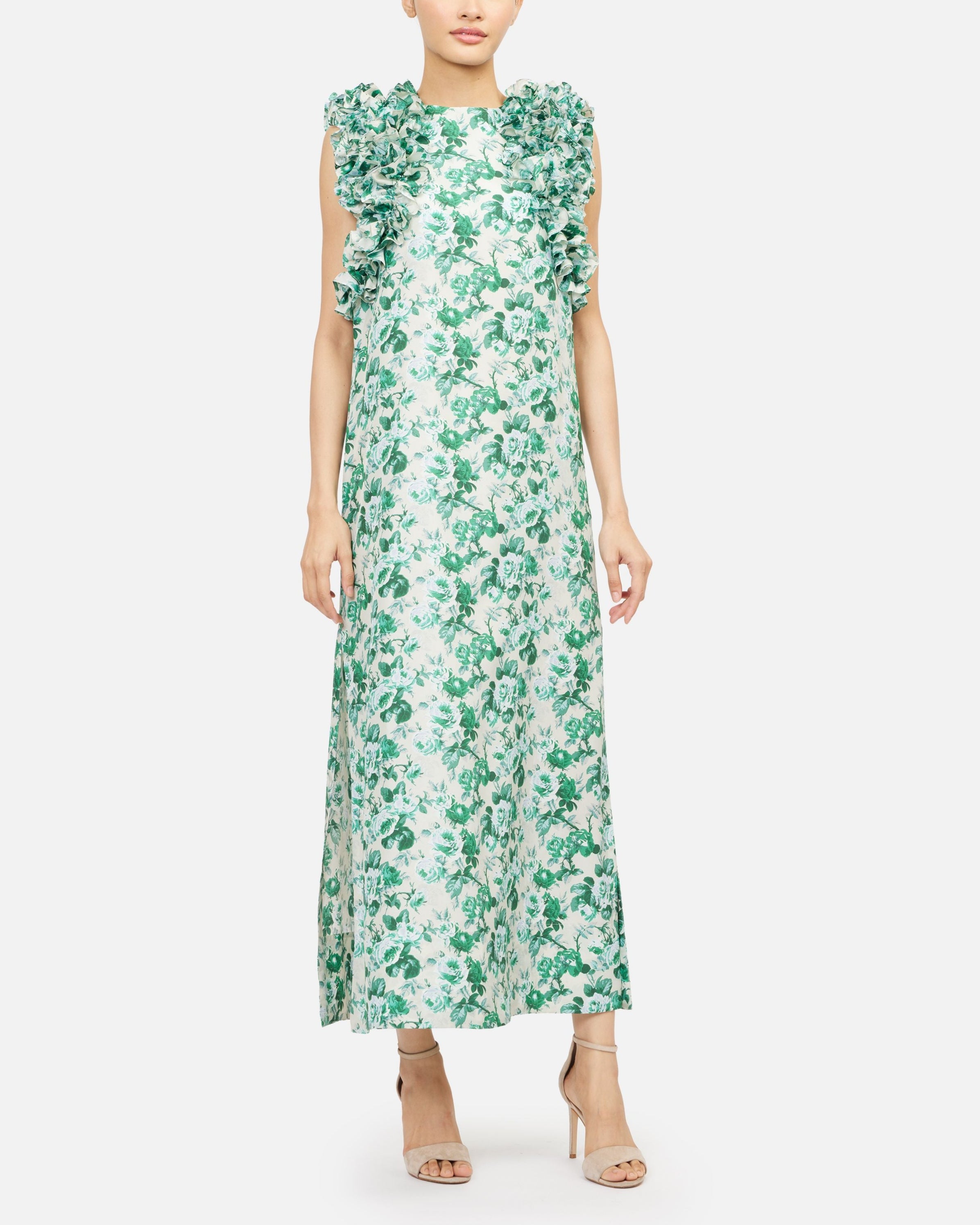 Roses Silk Habotai Ruffle Sleeveless Maxi Dress in Green Floral