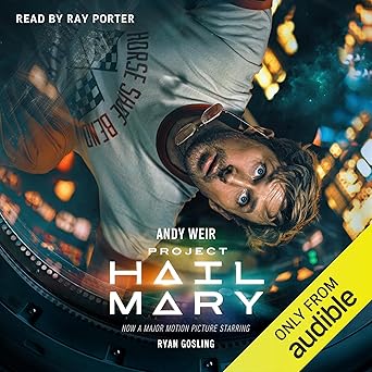 Book cover of 'Project Hail Mary' by Andy Weir with a person wearing a cap and sunglasses, set against a blurred cityscape.
