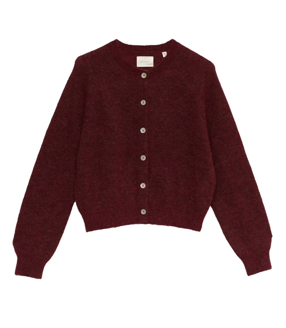 Maroon cardigan with buttons on a white background
