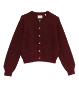 Maroon cardigan with buttons on a white background