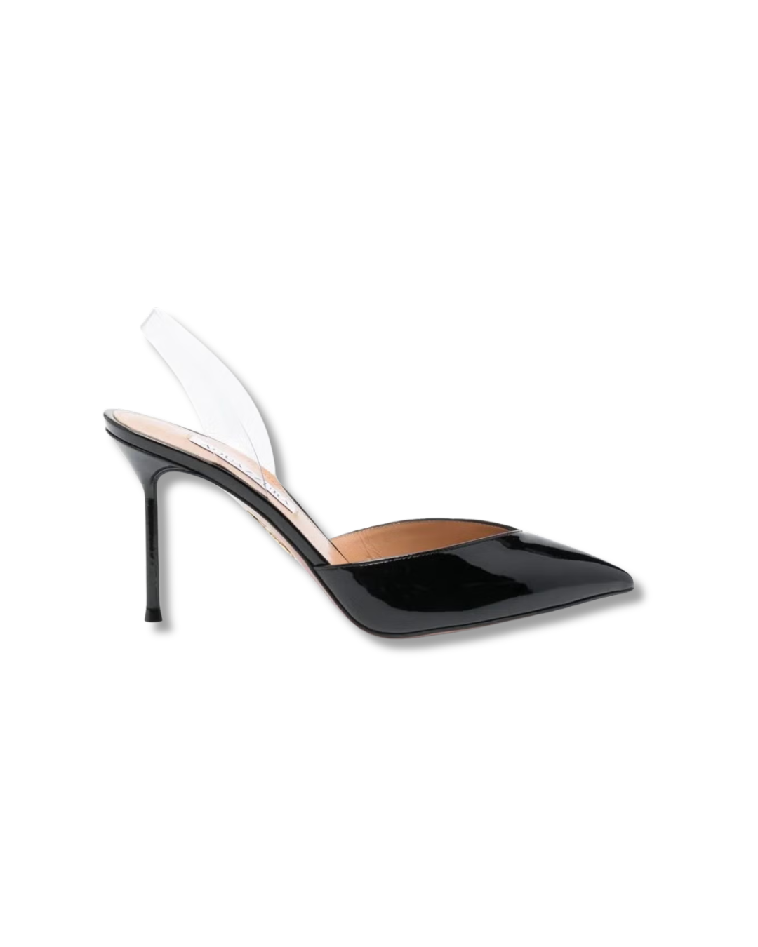 Black high-heeled shoe with a clear strap on a white background