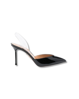 Black high-heeled shoe with a clear strap on a white background