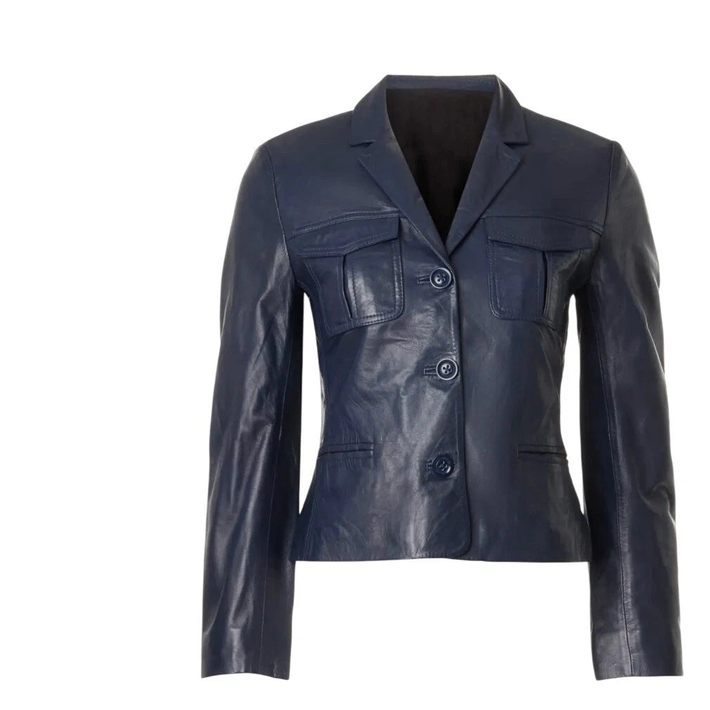 Navy leather jacket on a white background