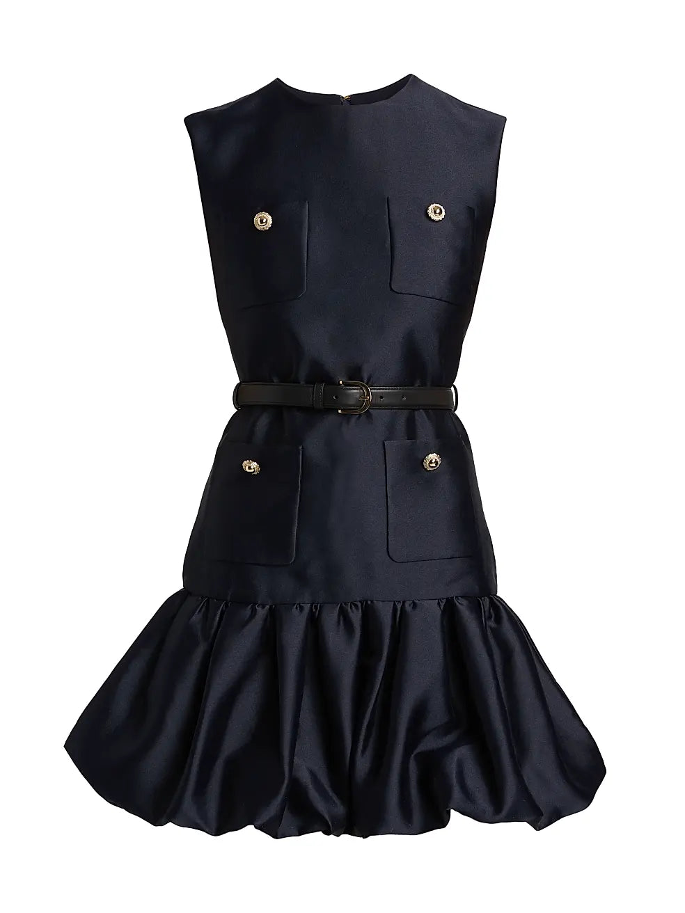 Black dress with gold buttons and a belt on a white background