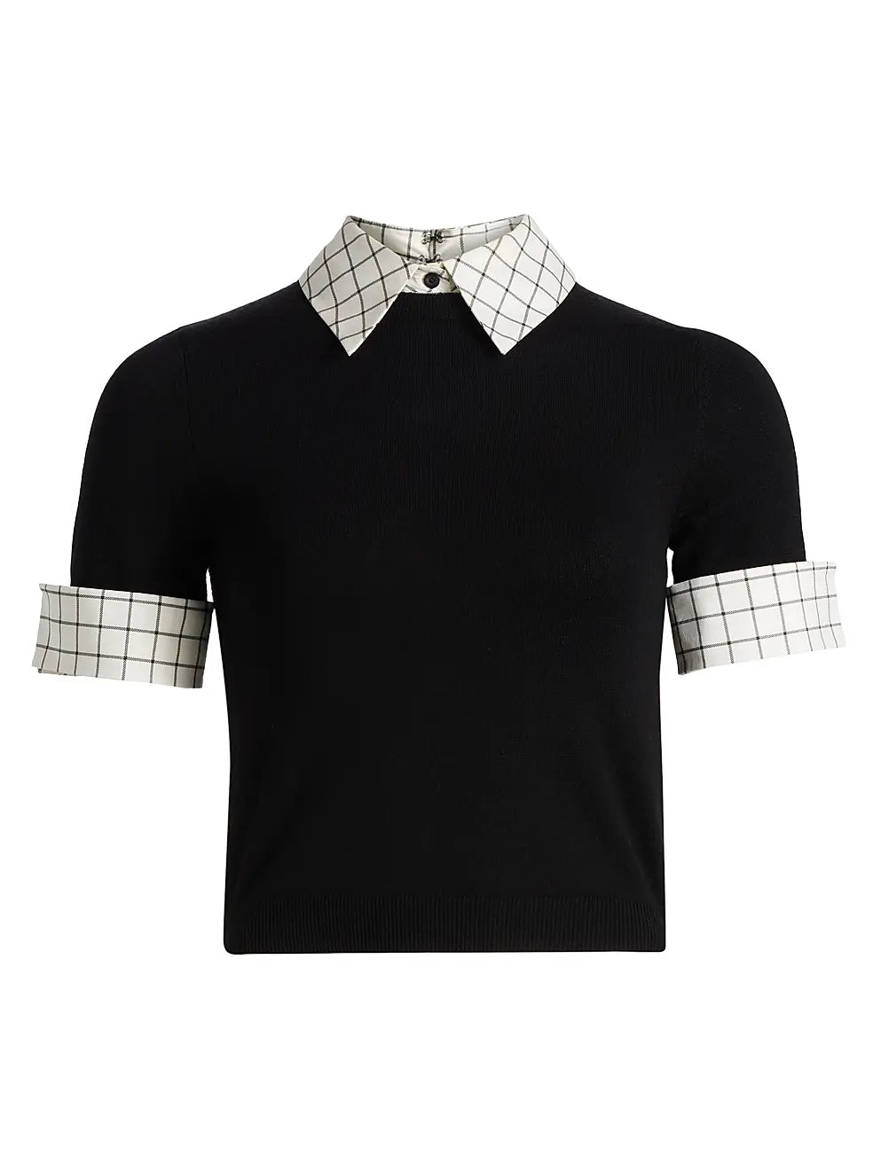 Black shirt with plaid collar and cuffs on a white background