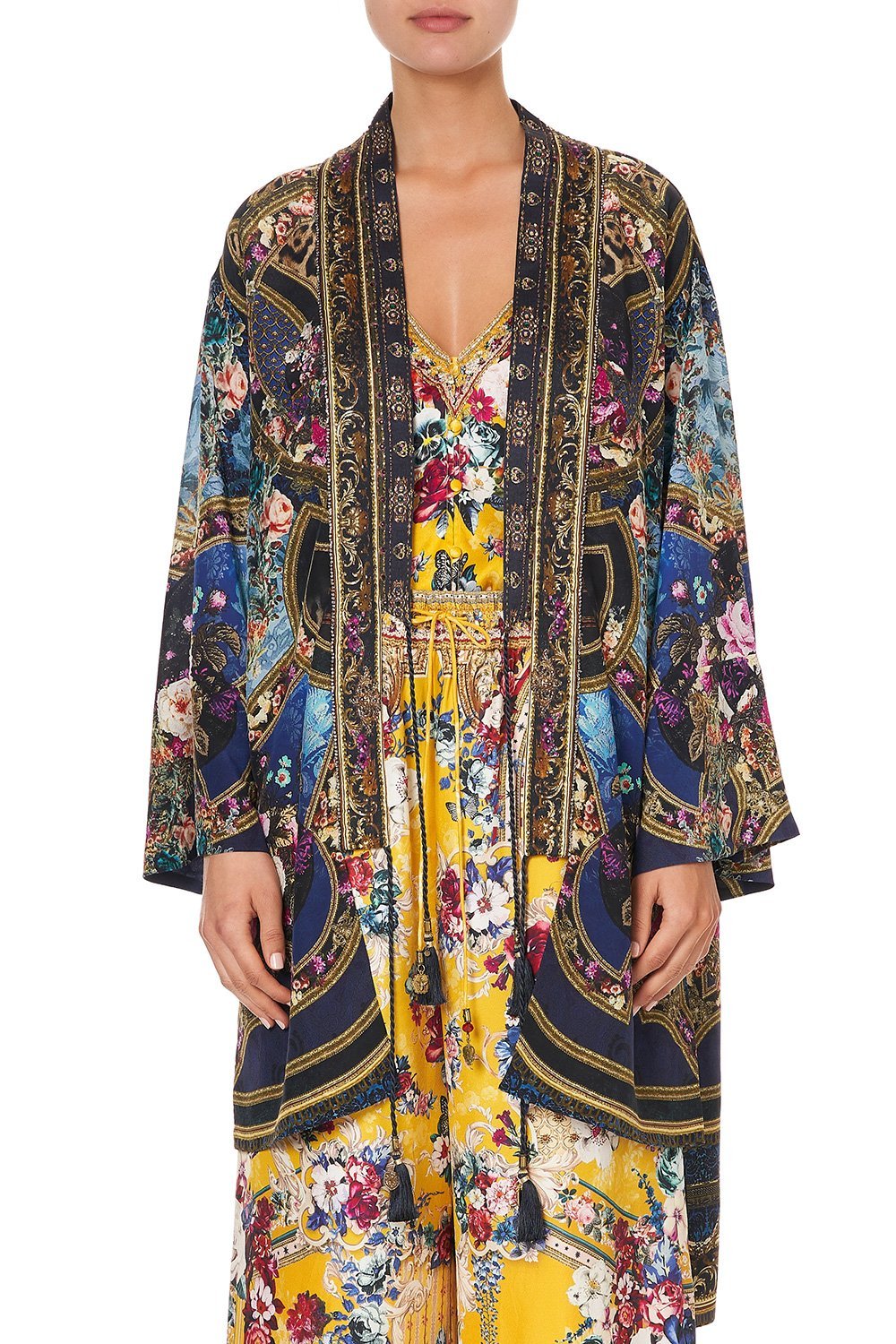 Blue Floral Printed Long Silk Robe
