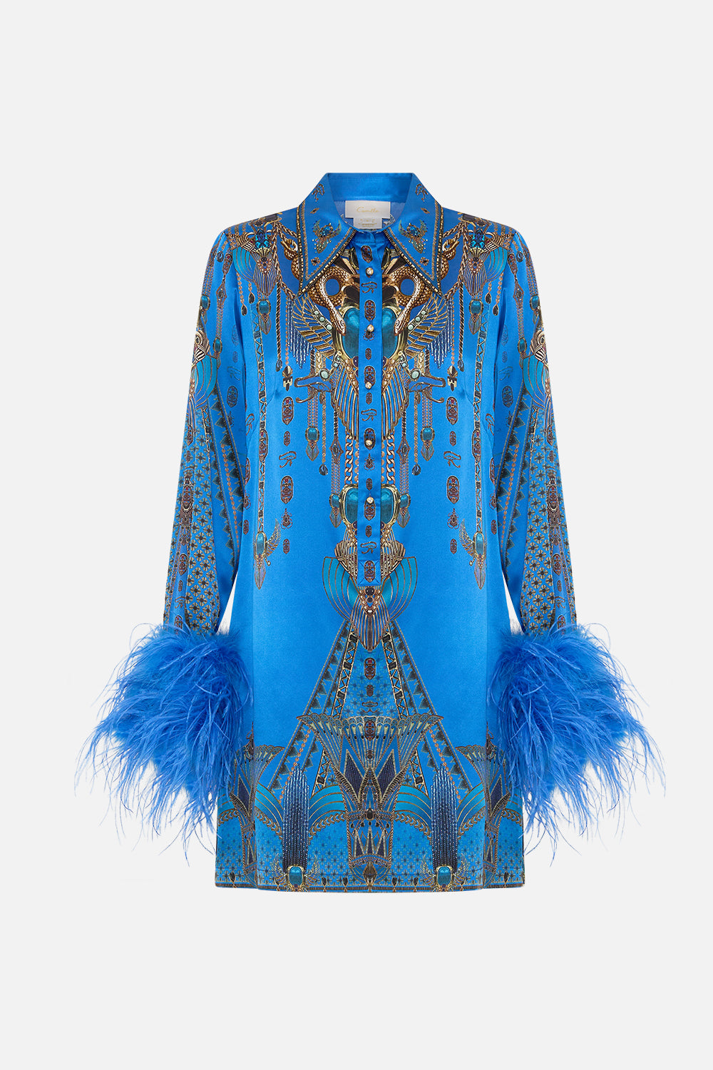Blue Printed Feather-Cuff Silk Shirt Dress