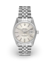Silver Rolex watch with a white face on a white background