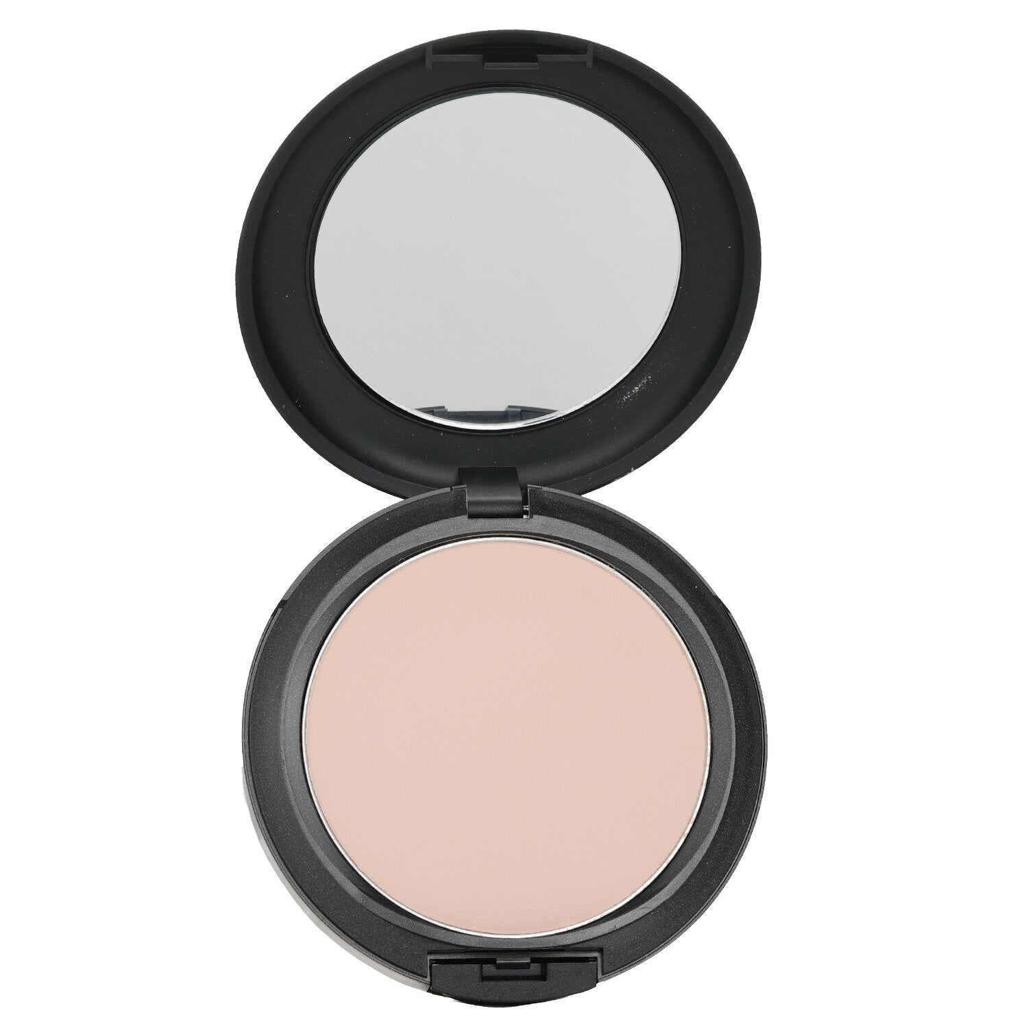 Compact powder in a black case with a mirror on a white background