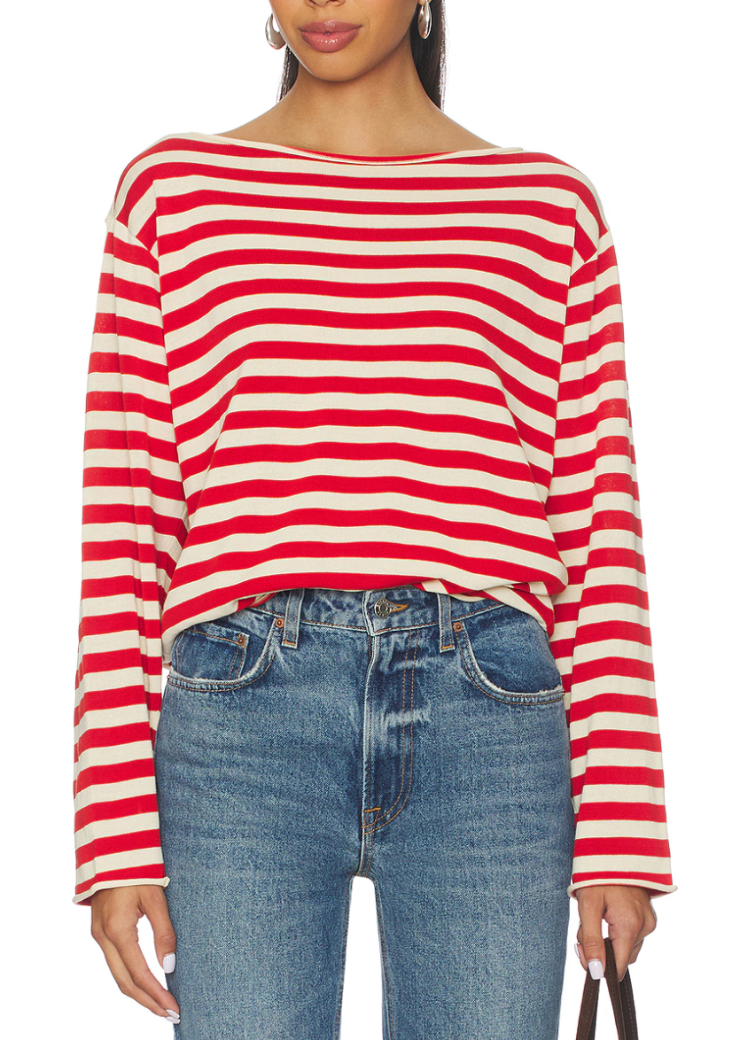 Person wearing a red and white striped long-sleeve top with blue jeans on a white background