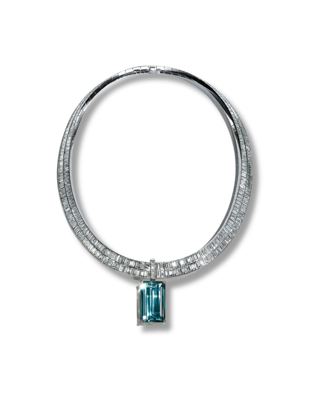 Jewelry with a blue gemstone and diamond-studded band on a white background