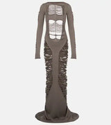 Elegant gray evening gown with cut-out design on a white background