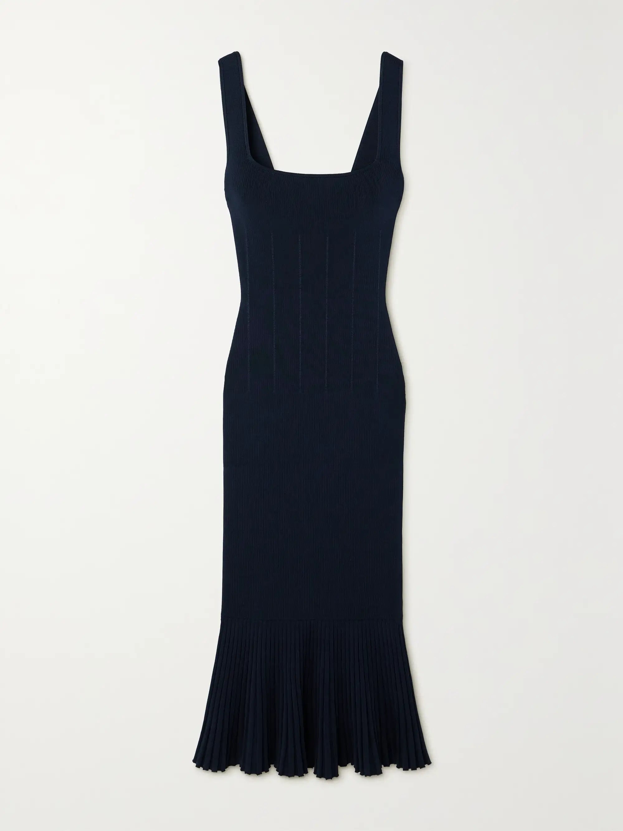 Navy blue dress with a fitted bodice and flared skirt on a light gray background
