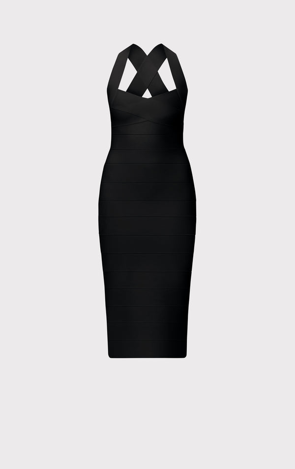 A black bodycon midi dress with a halter-style crossover crisscross neckline, shown against a solid light gray background.