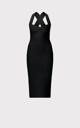 A black bodycon midi dress with a halter-style crossover crisscross neckline, shown against a solid light gray background.