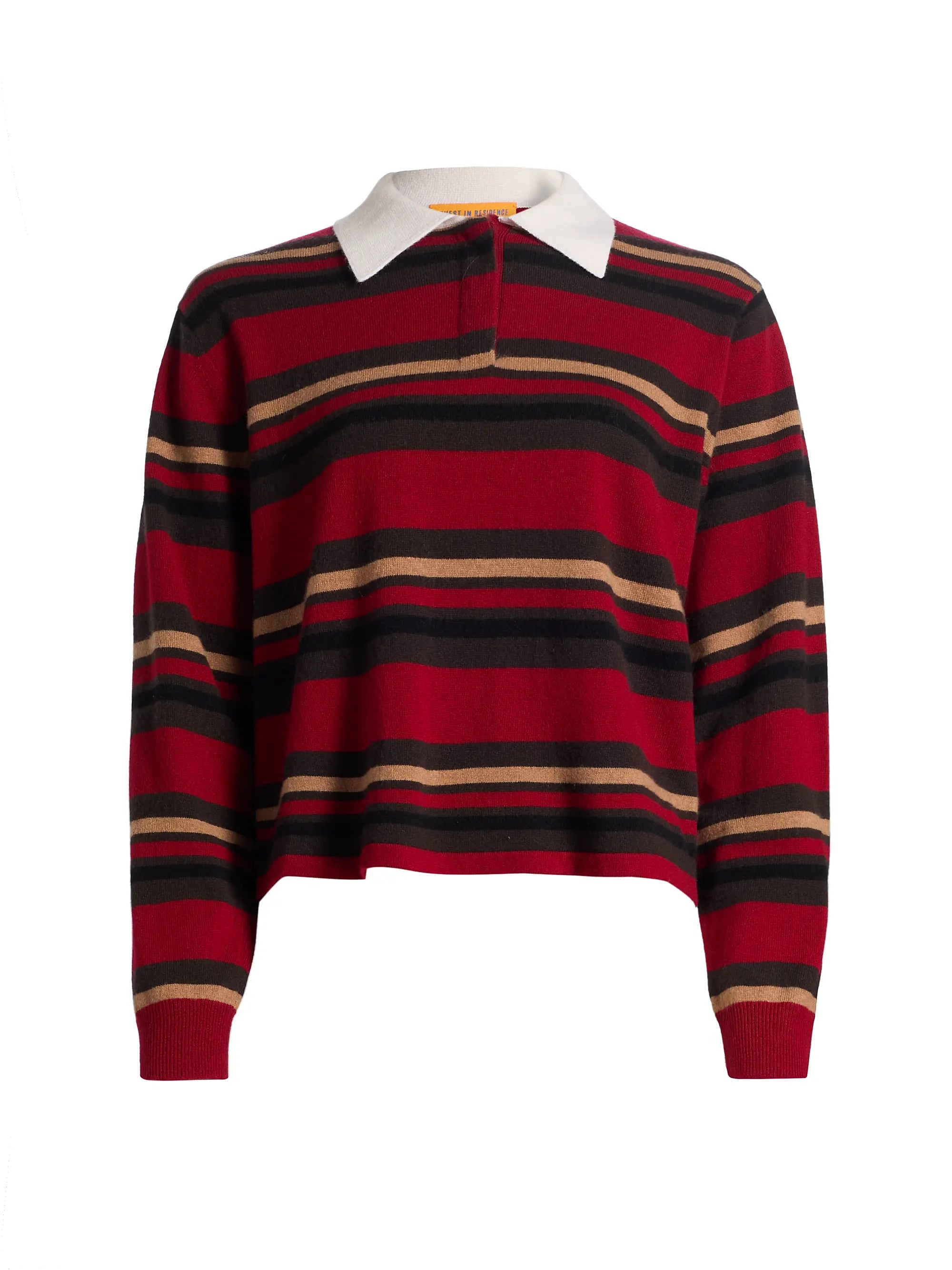 A cropped long-sleeve knit polo-style sweater with horizontal stripes in red, black, and beige, featuring a contrasting white collar.