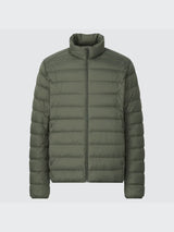 Green puffer jacket on a light gray background
