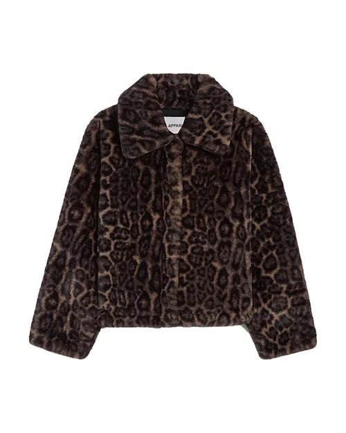 A brown and black leopard print faux fur jacket with a wide collar, shown flat against a plain white background.