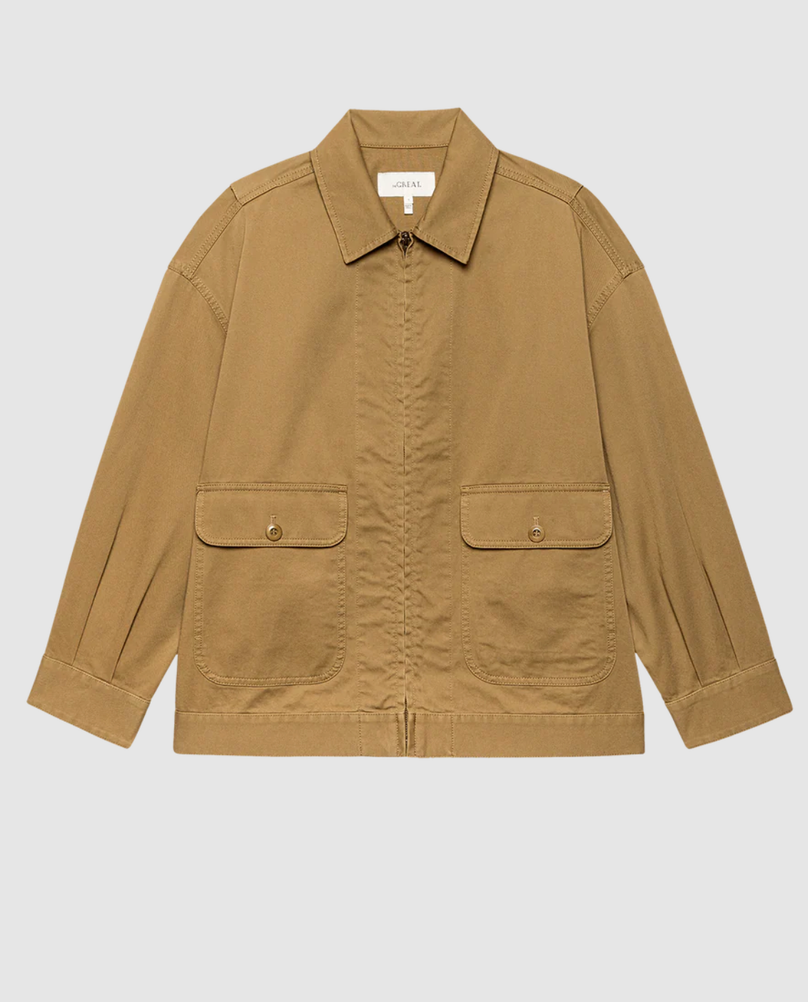 Brown jacket with two front pockets on a light gray background