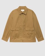 Brown jacket with two front pockets on a light gray background