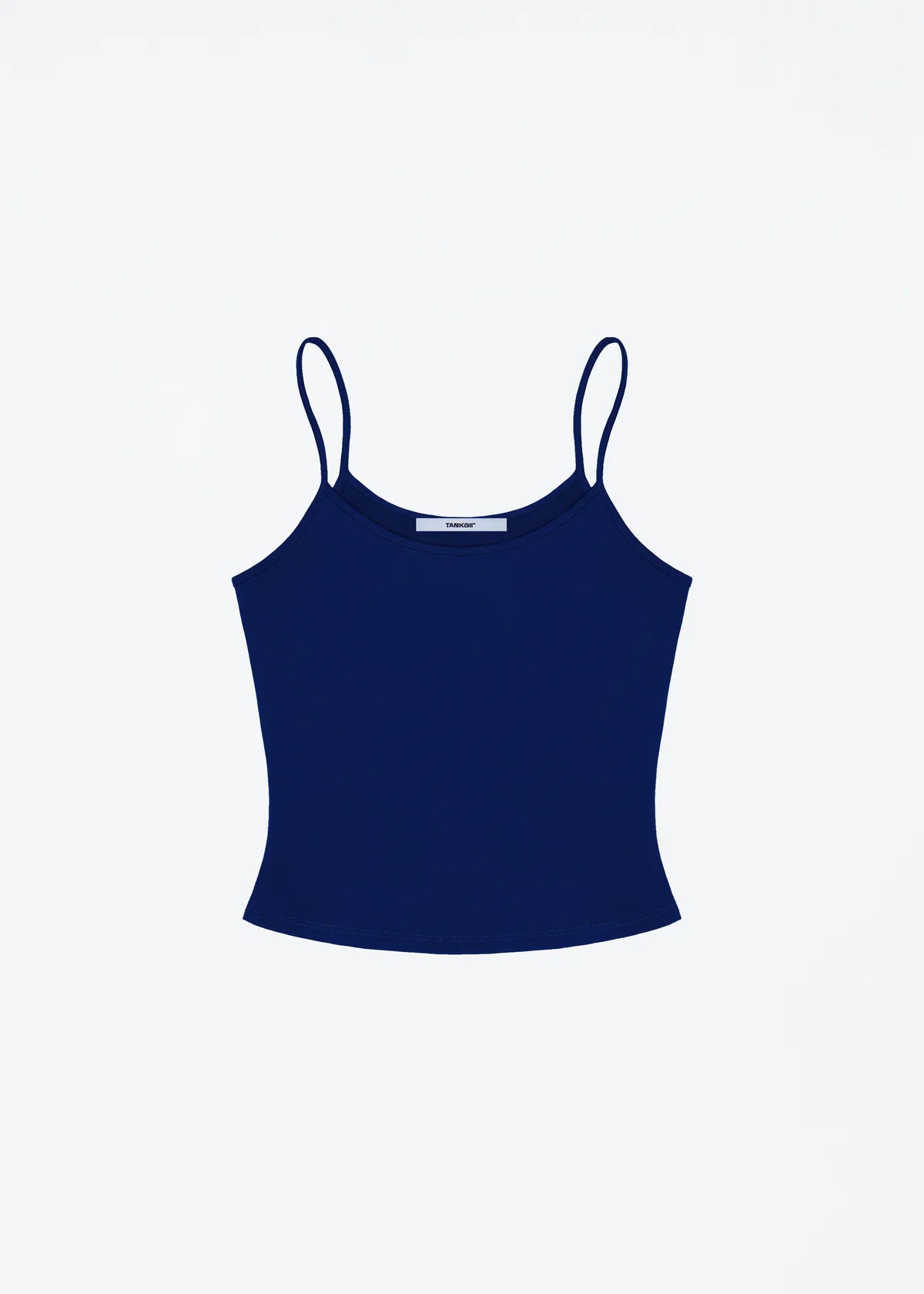 Navy blue tank top with thin straps on a light gray background