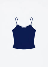 Navy blue tank top with thin straps on a light gray background