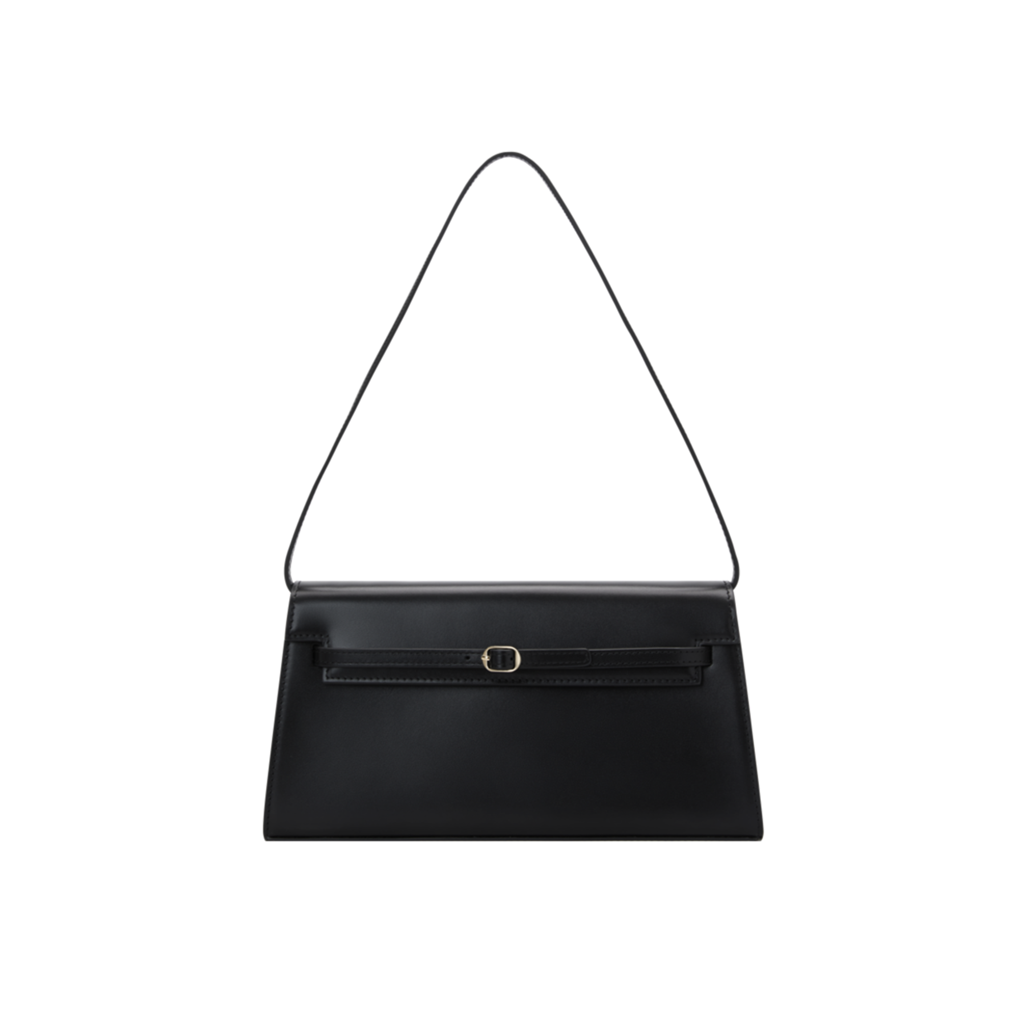 Black handbag with a strap on a white background