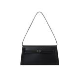 Black handbag with a strap on a white background