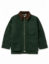 A dark green waxed canvas utility jacket with a brown corduroy collar, featuring a front zipper, chest pocket, and lower flap pockets, shown against a plain white background.