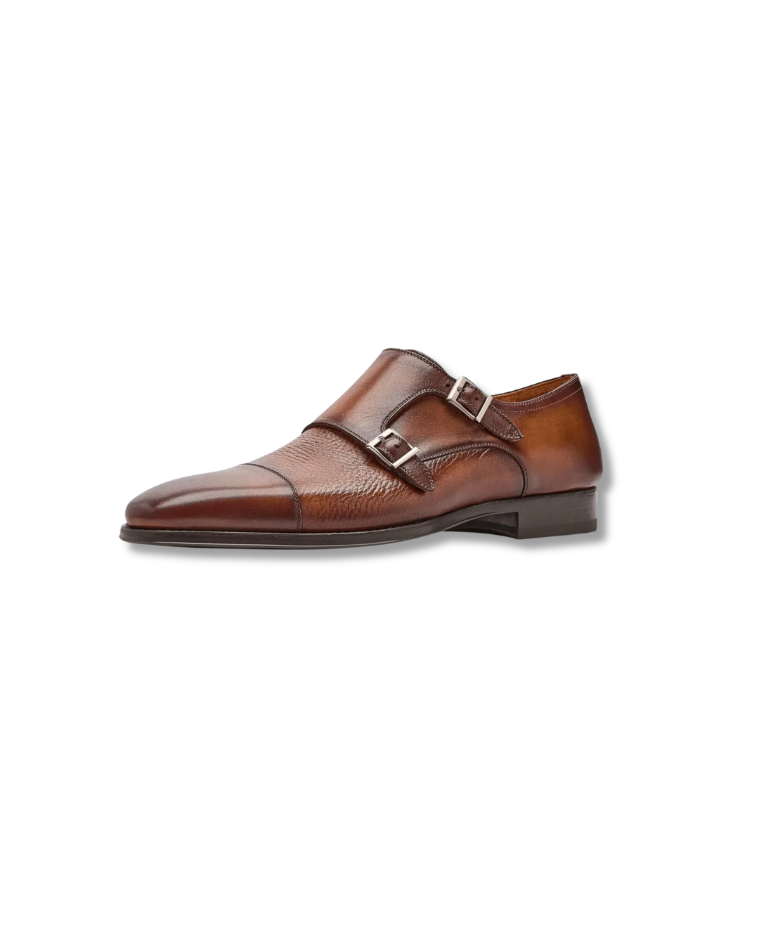 Brown leather dress shoe with a buckle on a white background