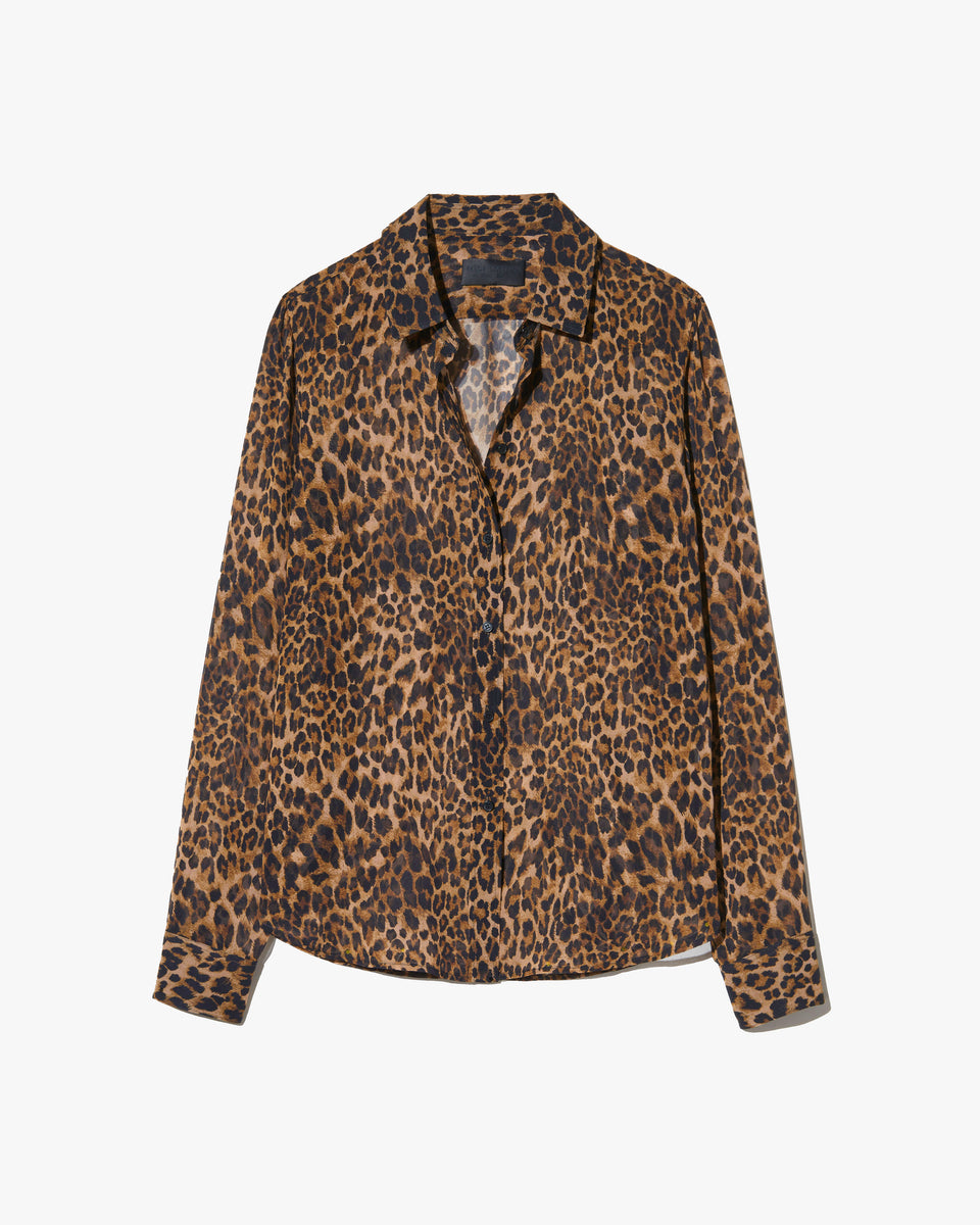 Nili Lotan Gaia silk leopard print shirt product photo on white background