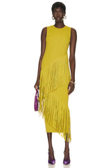 Yellow Fringe Midi Spiral Dress (Kiwi)