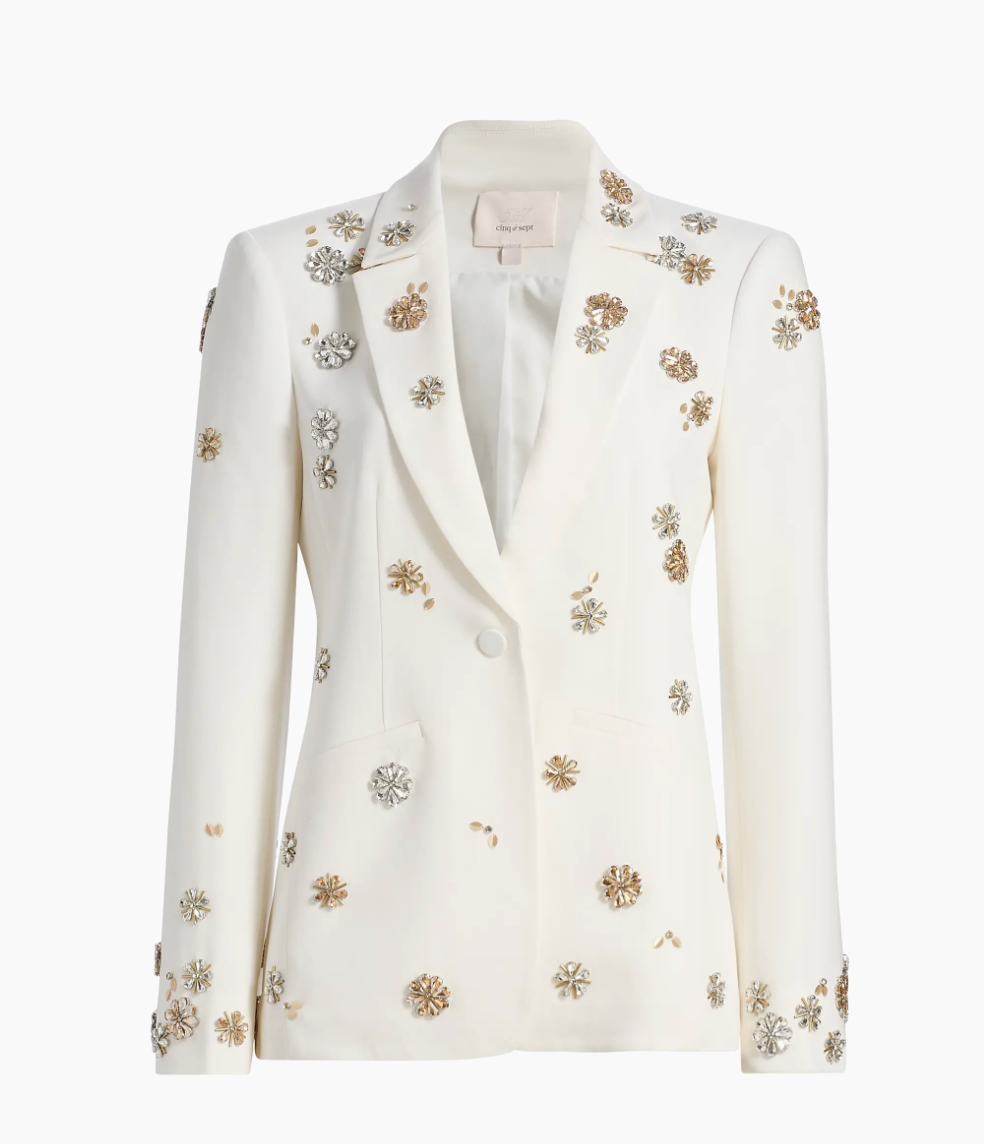 White Floral Crystal-Embellished Blazer