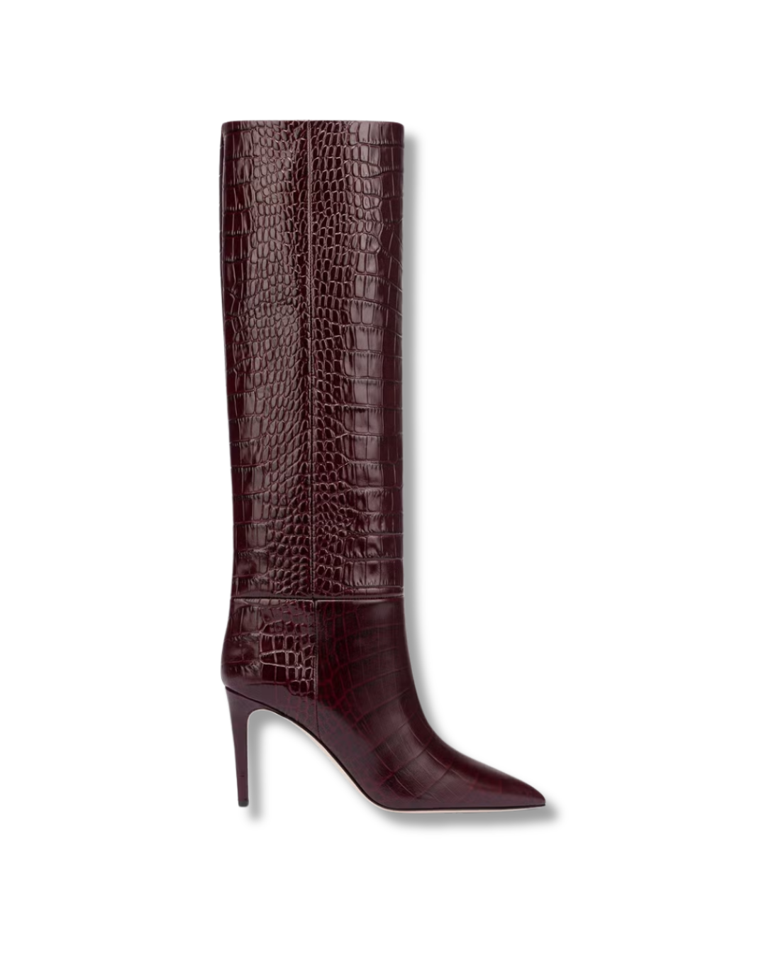 Brown knee-high boot with a high heel on a white background