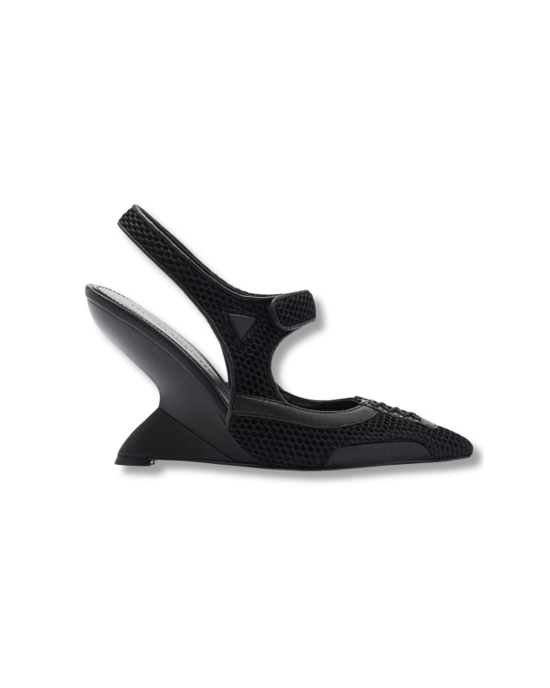 Black high-heeled shoe with a slingback design on a white background