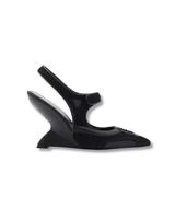 Black high-heeled shoe with a slingback design on a white background