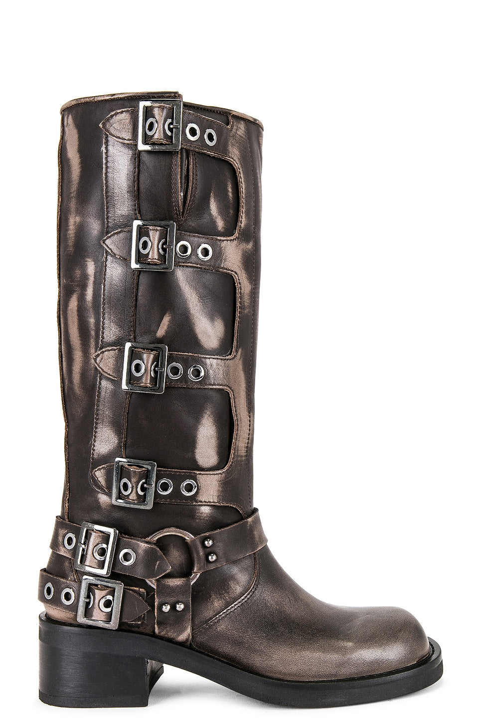 A metallic bronze-brown leather mid-calf boot with multiple decorative buckle straps and silver-tone hardware, shown against a plain white background.