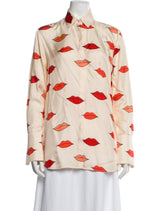 White Lip Print Silk Button-Up Shirt