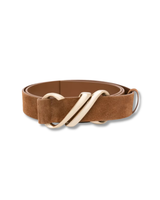 Brown belt with a beige buckle on a white background