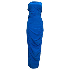 Blue strapless gown on a white background