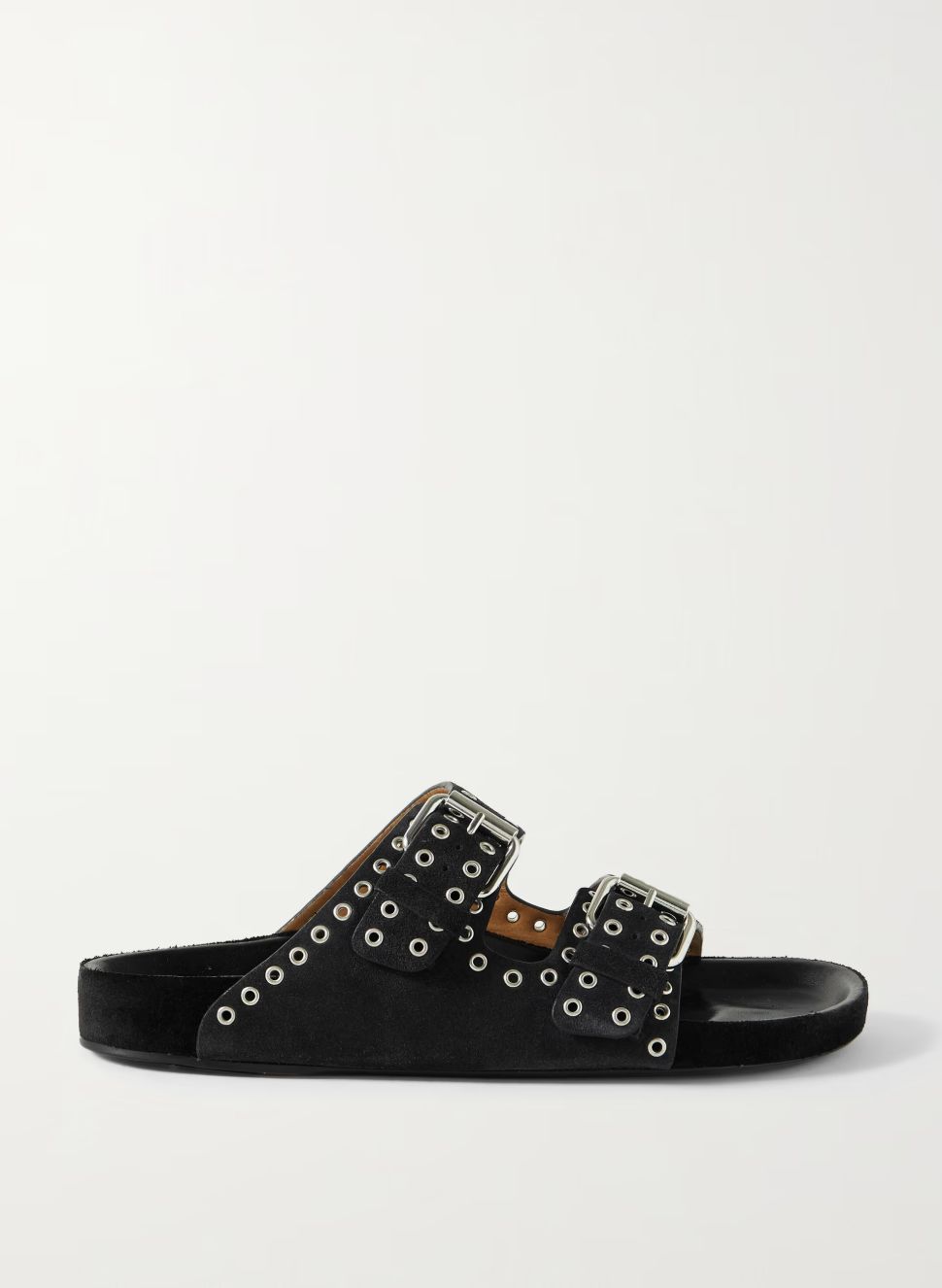 Black sandal with silver studs and buckles on a white background