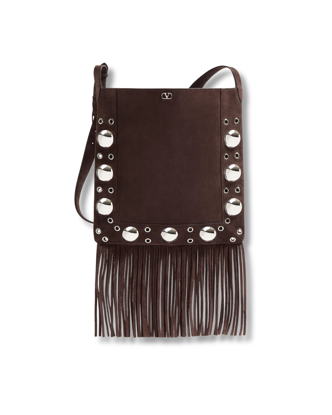 Brown leather crossbody bag with silver studs and fringes on a white background