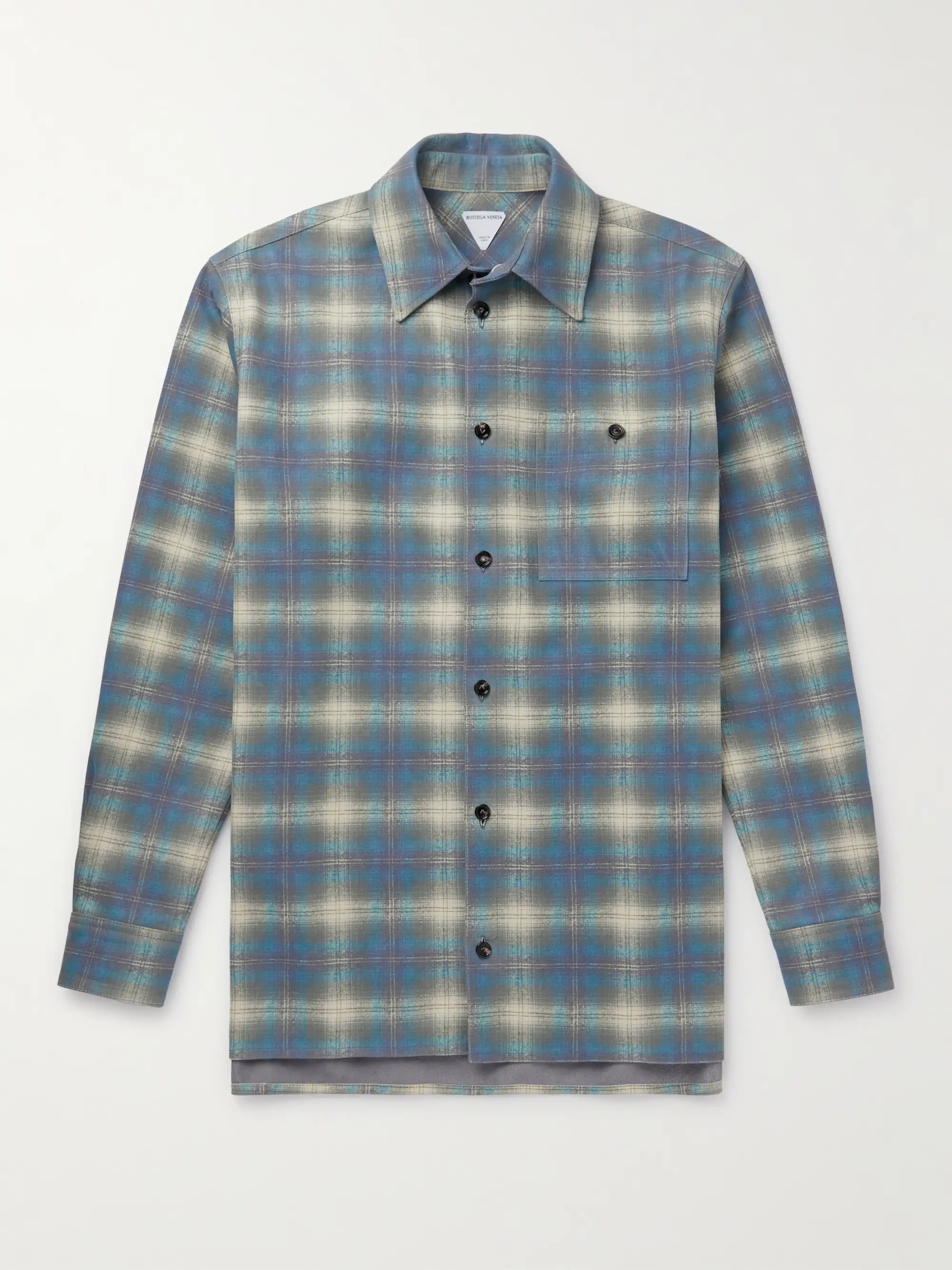 Blue Plaid Flannel Print Leather Shirt