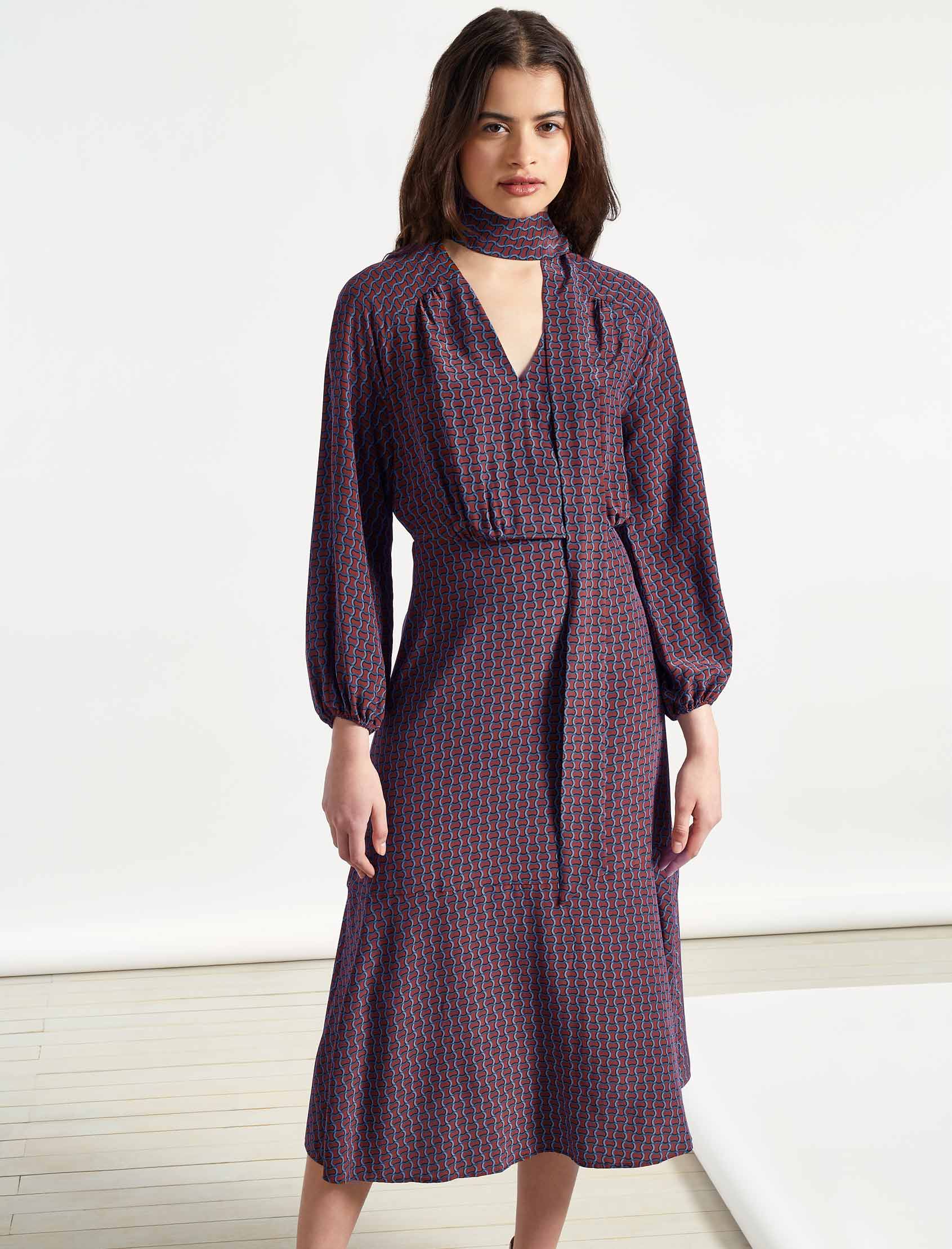 Lottie Silk V Neck Gathered Midi Dress With Neck Tie in Rust Circle Geo Print