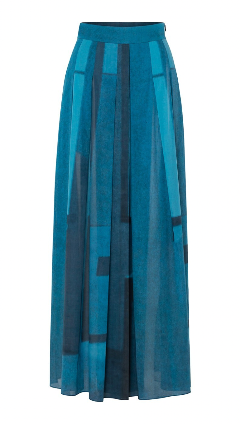 Window-Print Pleated Voile Maxi Skirt