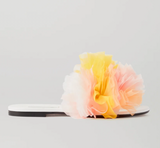 Organza Ruffle Pom Pom Tulle and Leather Slides in Pink, Yellow and White